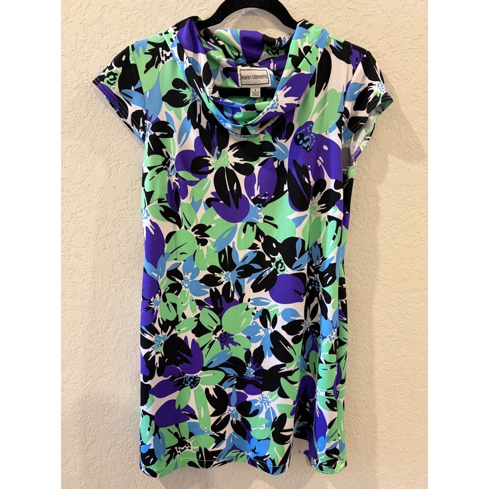 Karin Stevens Floral Cowl Neck Sheath Dress Blue Purple Green Size 6